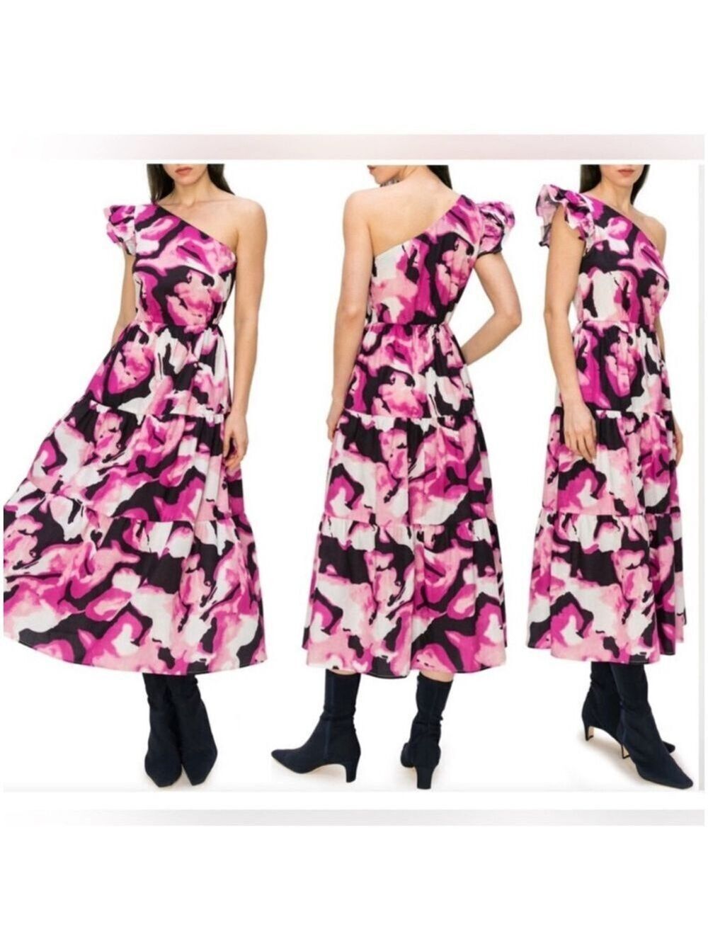 Women Melloday Dress Size S Pink Black One Shoulder Tiered